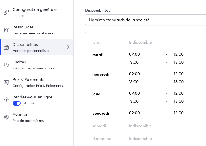 Horaires et disponibilités